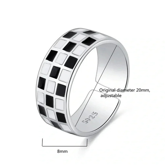 925 Sterling Silver Checkerboard Adjustable Ring - Picture 3 of 9
